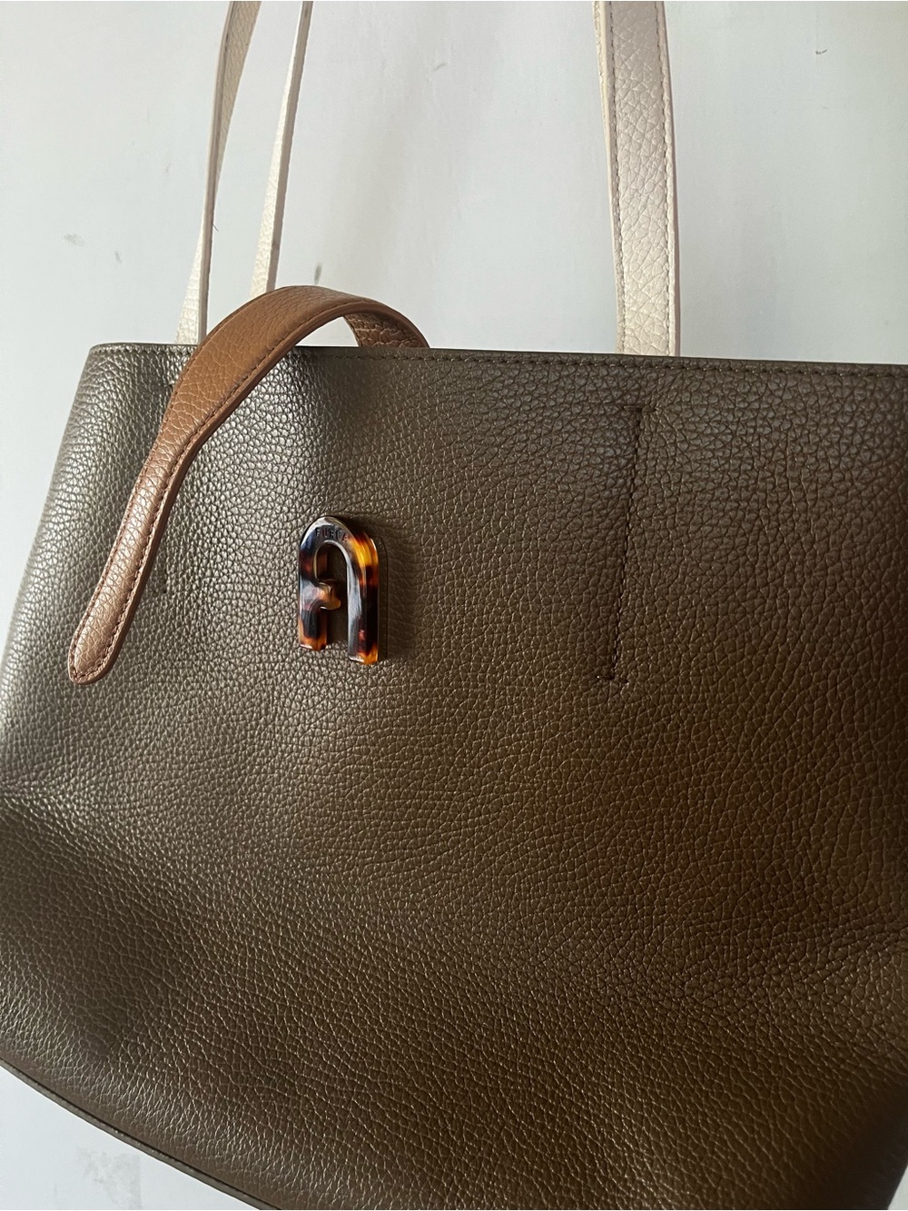 Luxury brand Furla Genuine leather tan bag cream straps